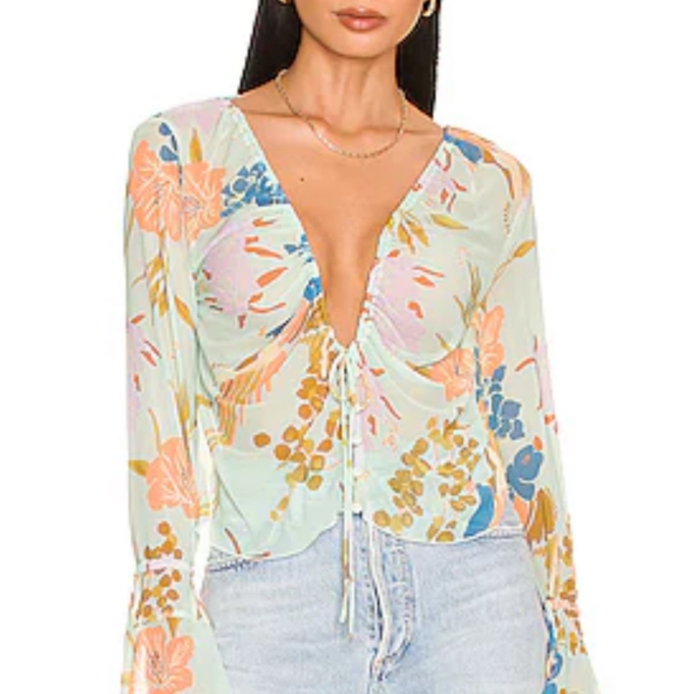 Free People Green Ruched Tie Front Long Sleeve Blouse